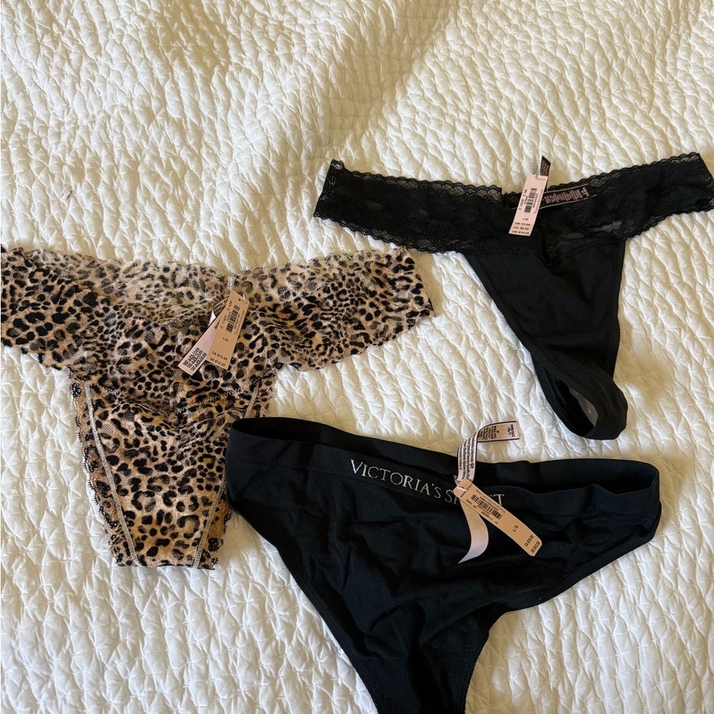 Victoria's Secret Black and Leopard Print Thong Trio